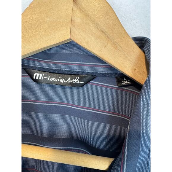 Travis Matthews Button Up Shirt Golf Stripes Size Large Short Sleeve Navy Blue - Picture 3 of 4